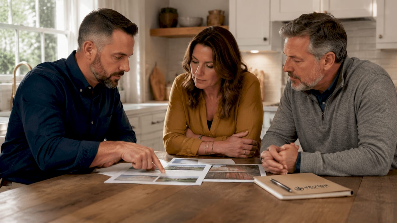 Contractor explaining insurance report to homeowners