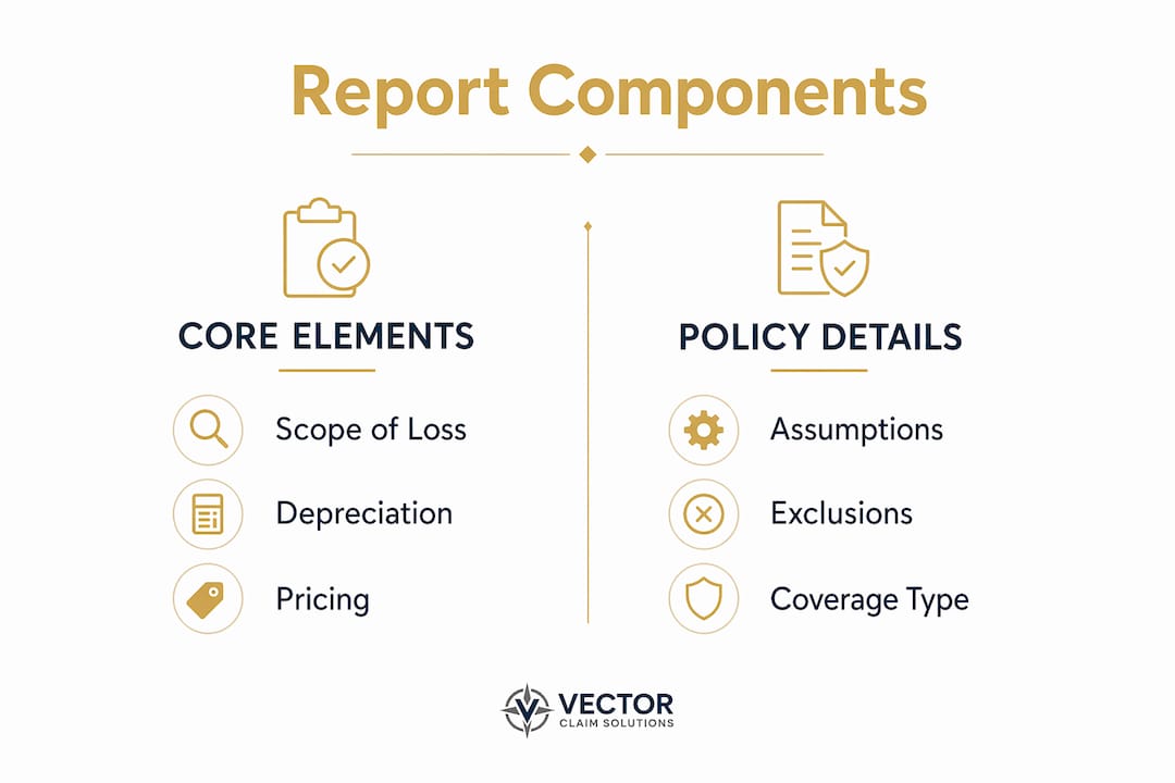 Infographic showing key components of adjuster reports