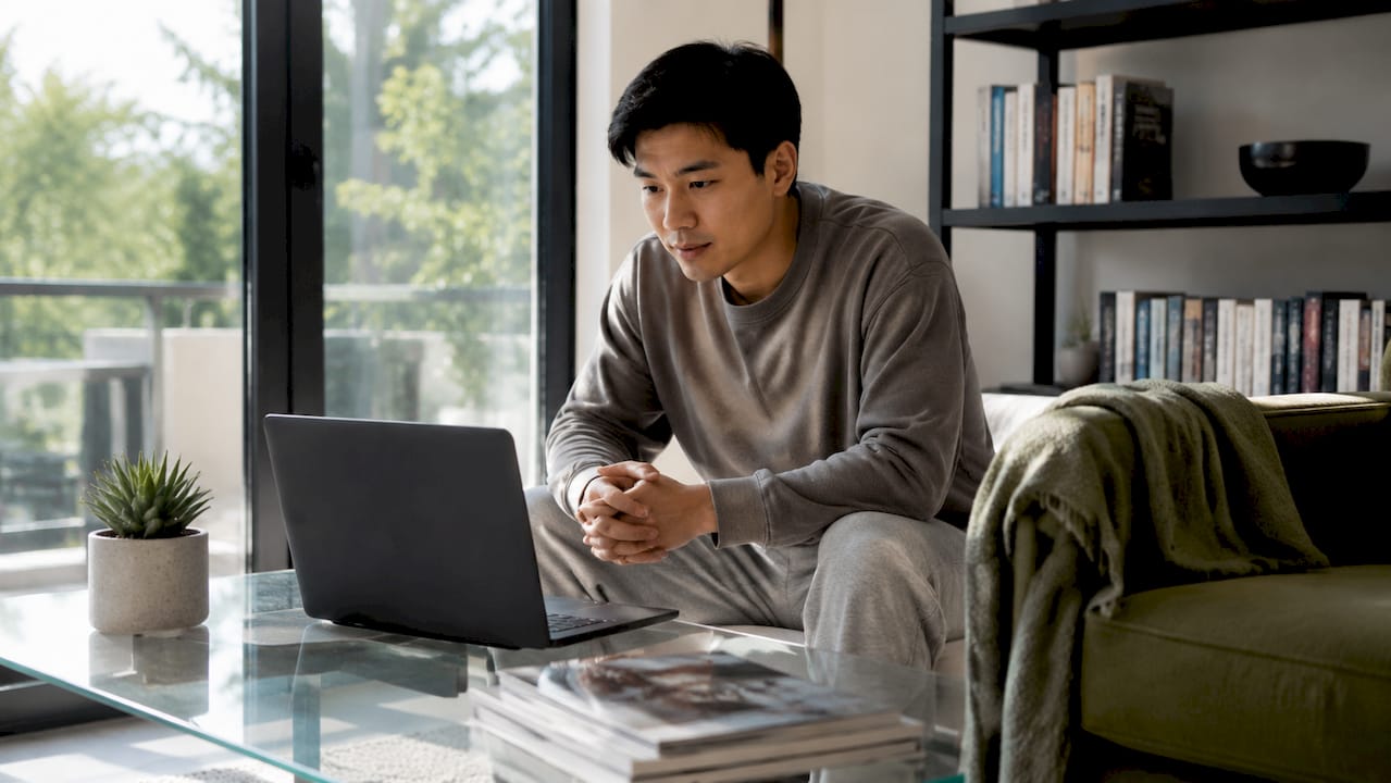 Man in home office on telehealth video call