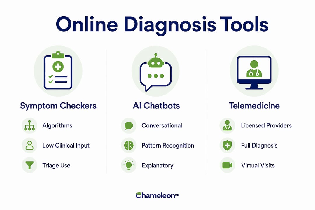 Infographic comparing types of online diagnosis tools