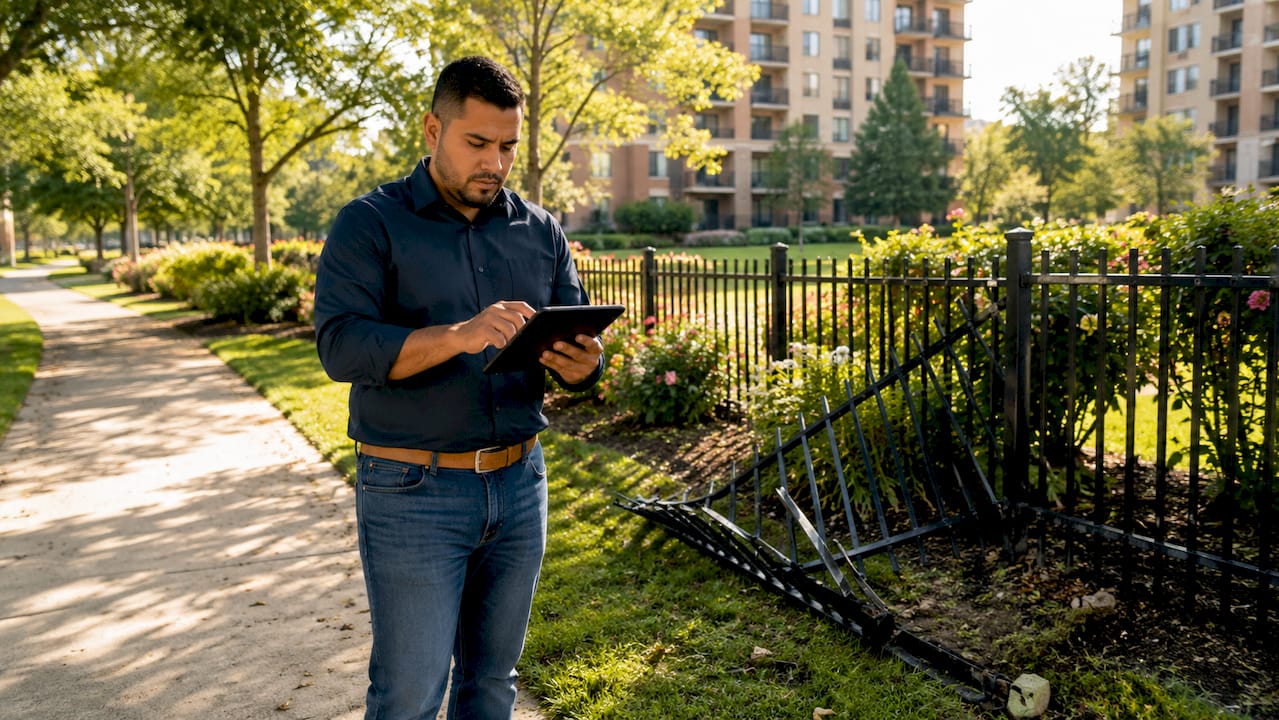 Adjuster documenting property damage outdoors