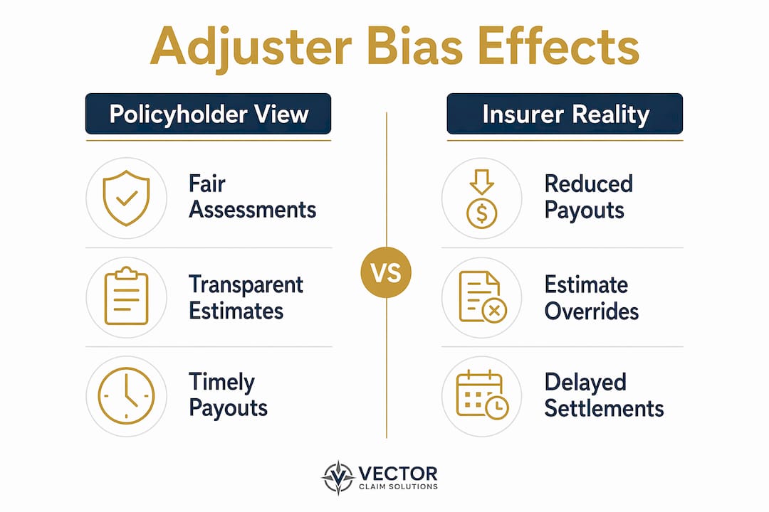 Infographic comparing policyholder view and insurer reality on adjuster bias