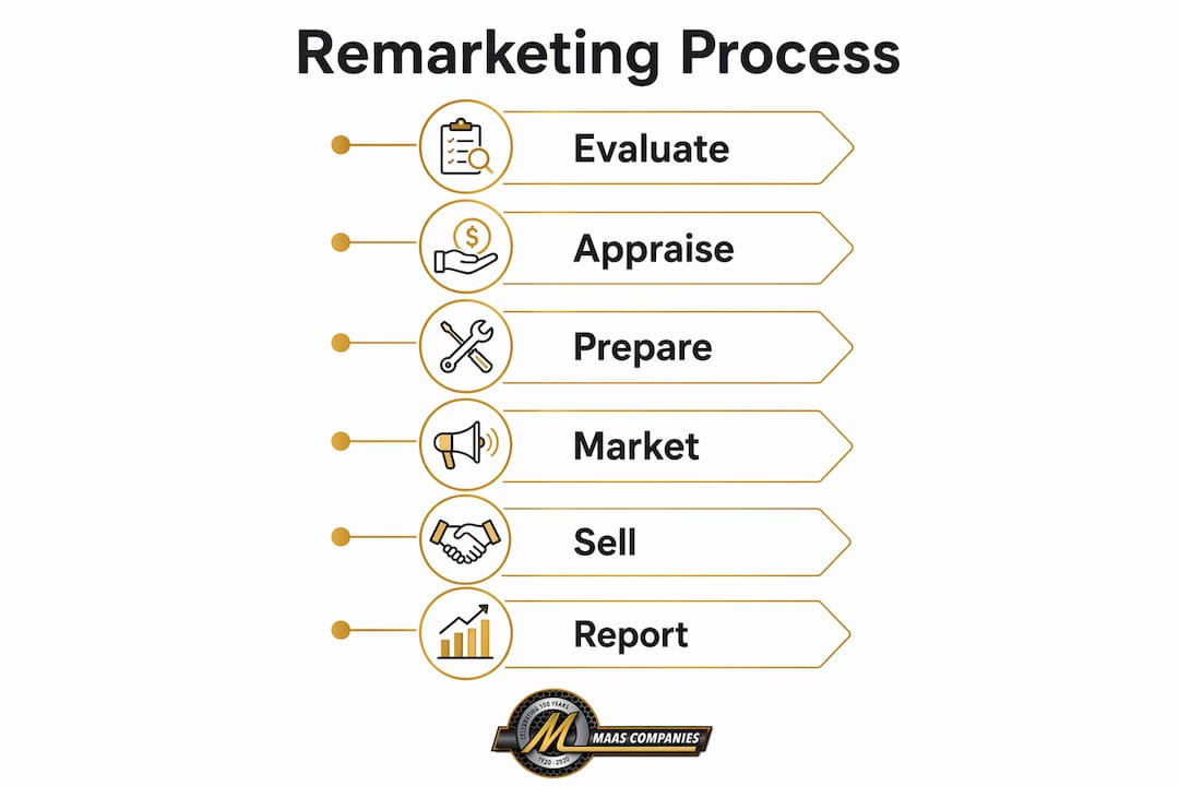 Infographic illustrating equipment remarketing process steps