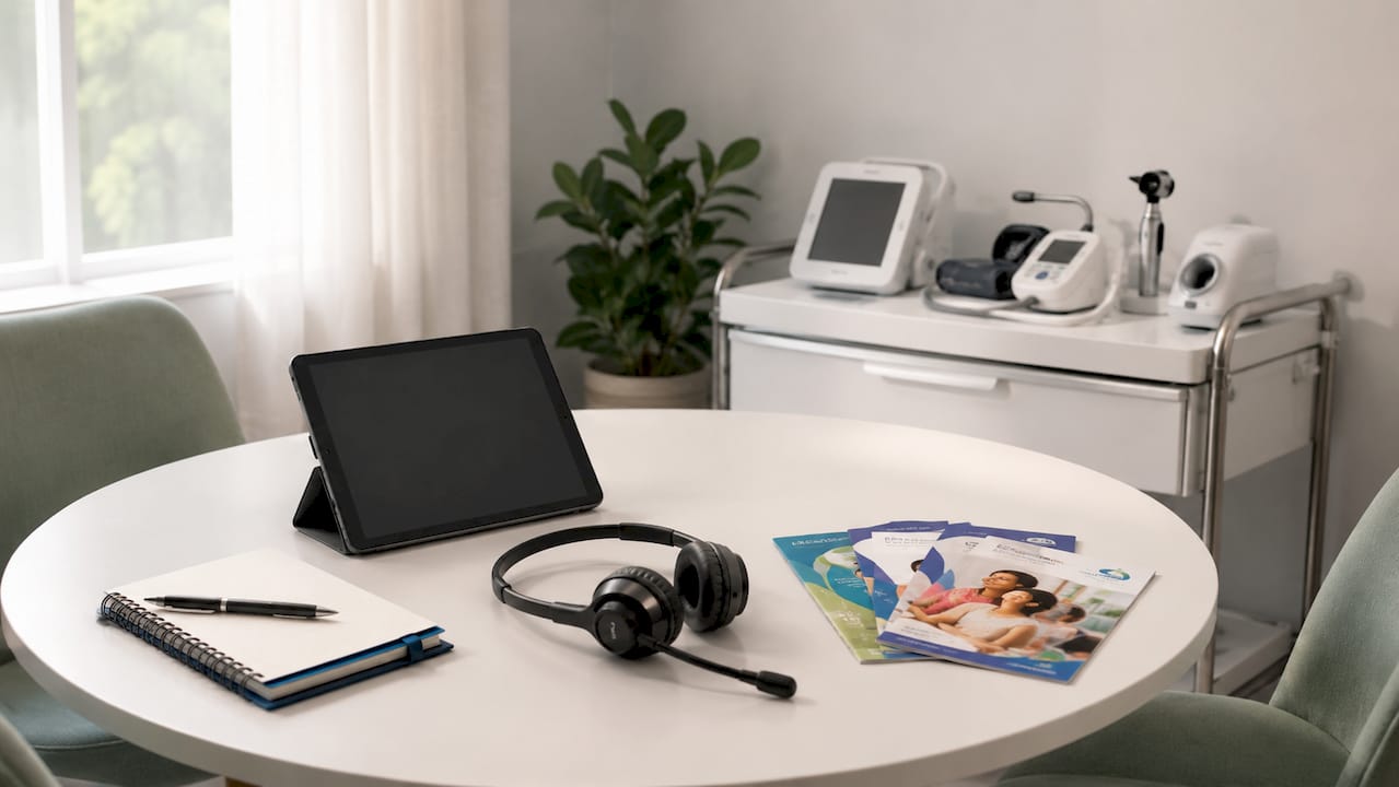 Telehealth technology setup on glass table
