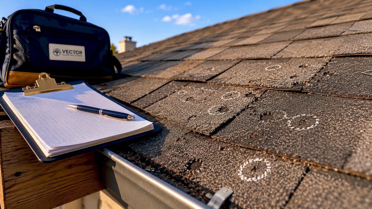 Close-up of hail damage on roof shingles