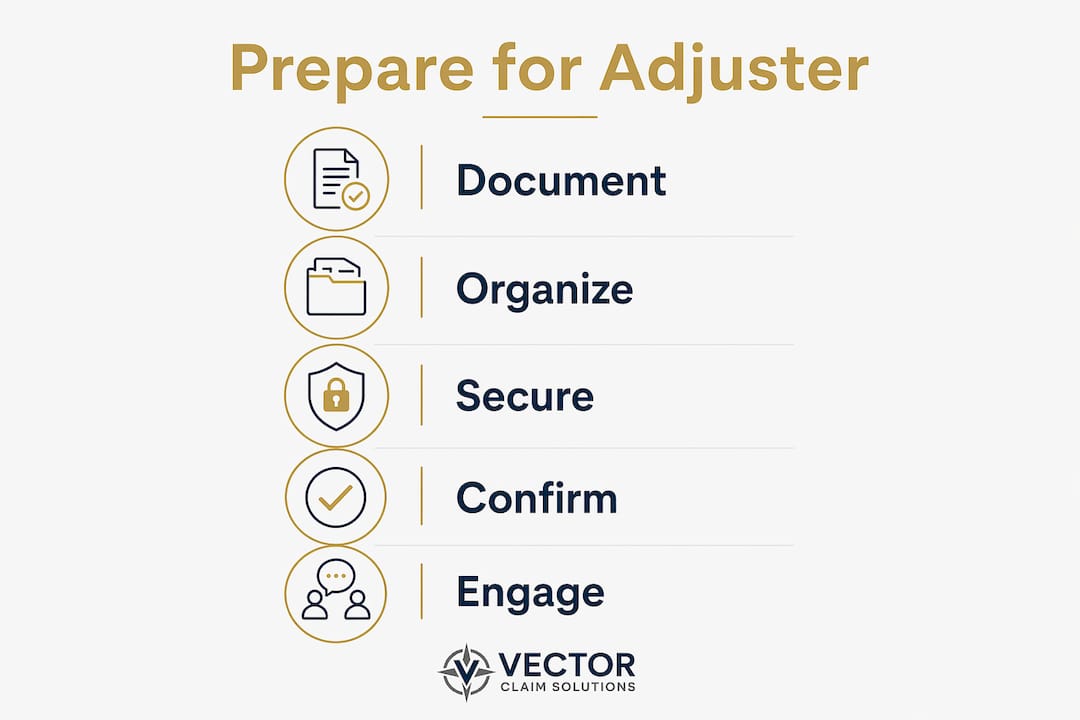Infographic illustrating steps to prepare for insurance adjuster visit