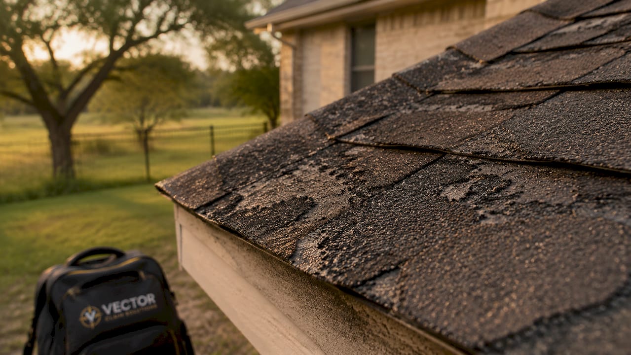 Close-up of hail damage on roofing shingles