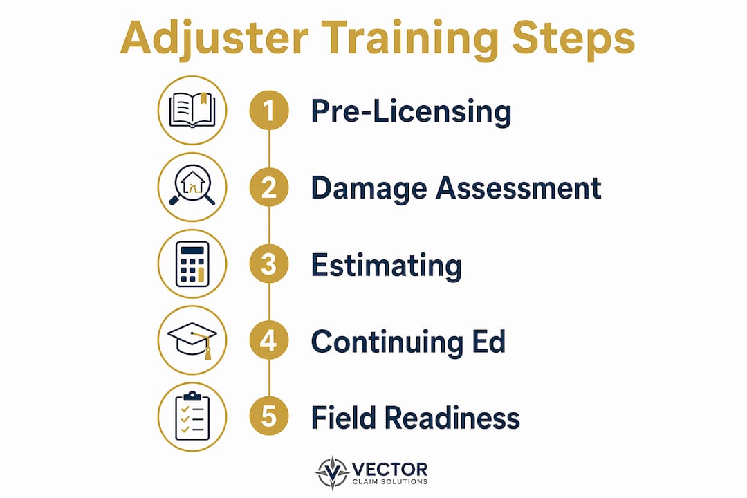 Infographic illustrating steps in adjuster training