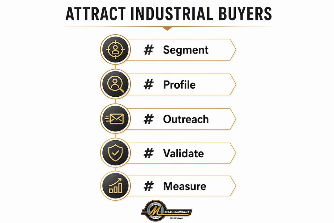 Vertical flow infographic showing five stages of attracting industrial buyers