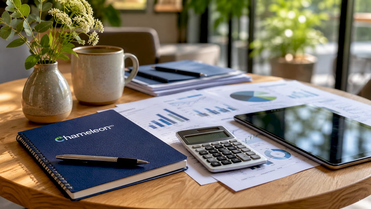 Overhead view of financial reports and tablet on conference table