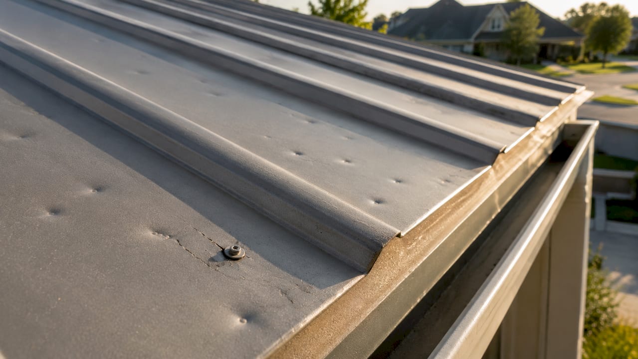 Metal roof hail dents with paint cracks near seam