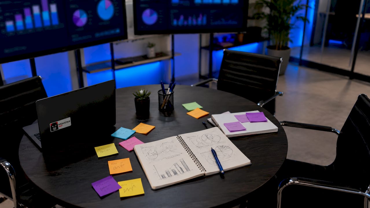 Marketing command center with screens and notes