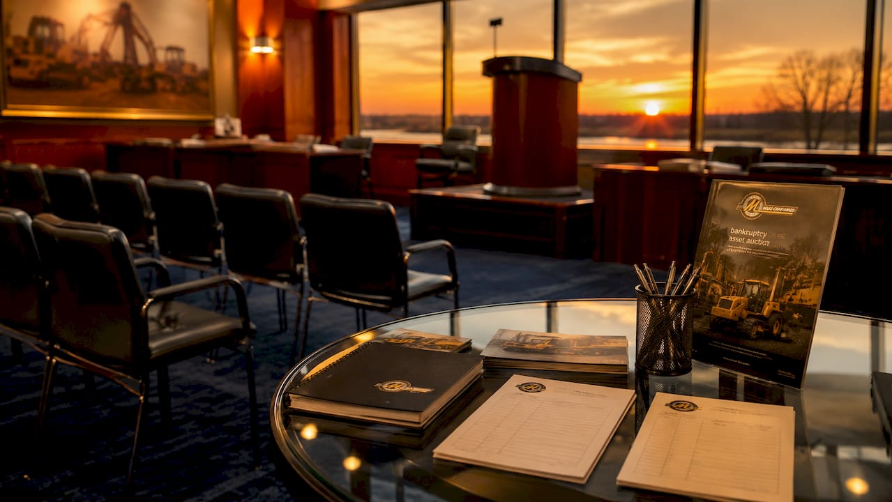 Empty auction room prepared for bankruptcy asset sale