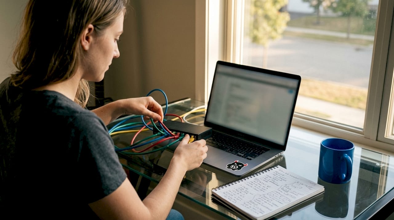 Hands connecting network cables on desk with diagram