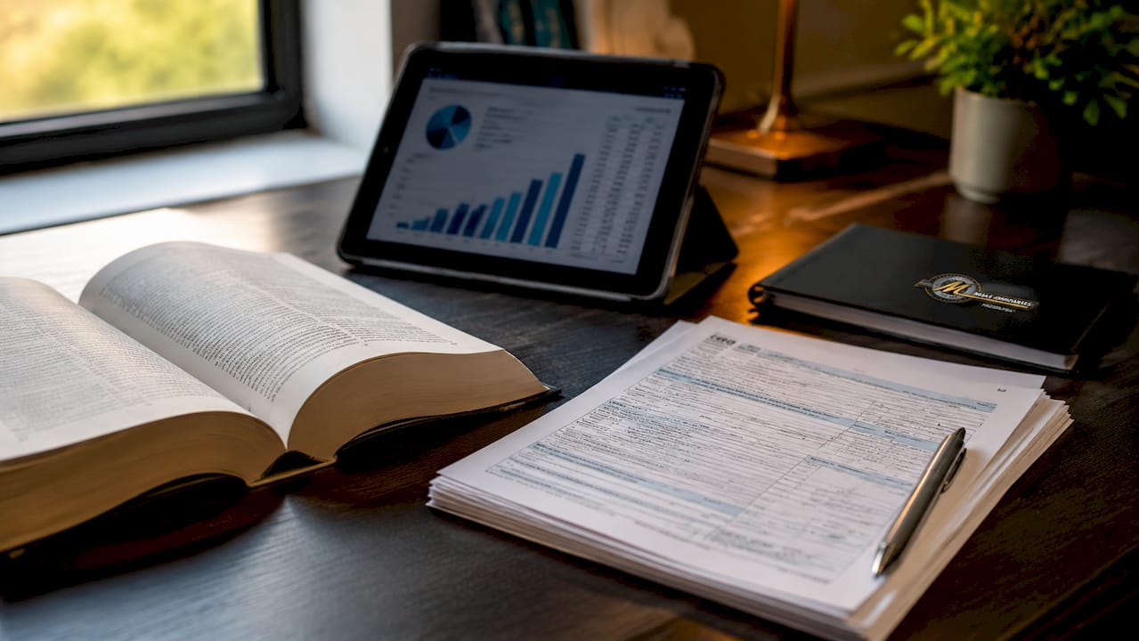 Overhead view of tax planning documents and calculator
