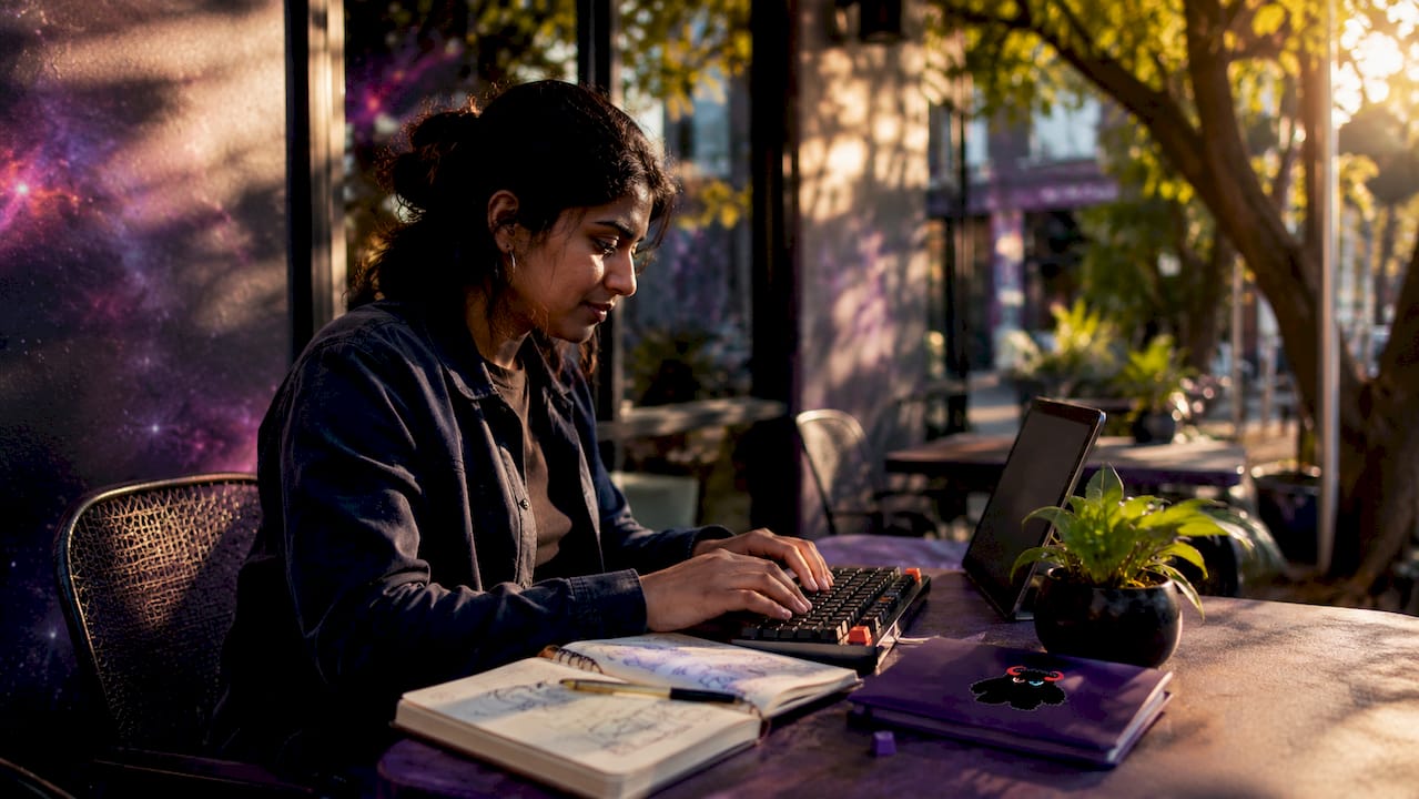 Hands typing code in home office