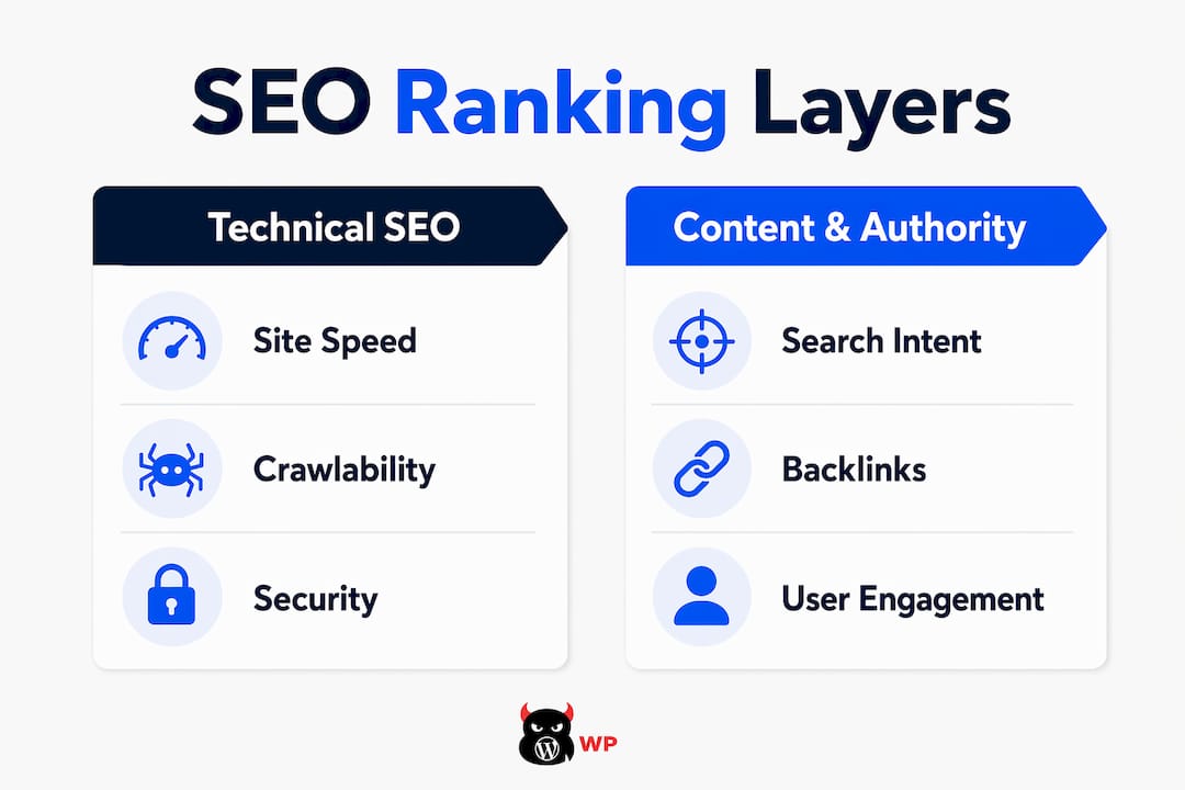 Infographic comparing technical SEO vs content and authority