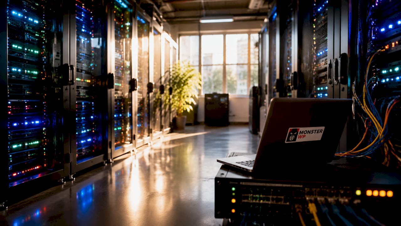 Data center corridor with server racks and cables