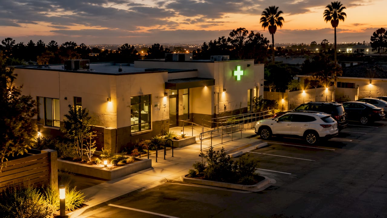 Exterior of evening urgent care clinic at dusk