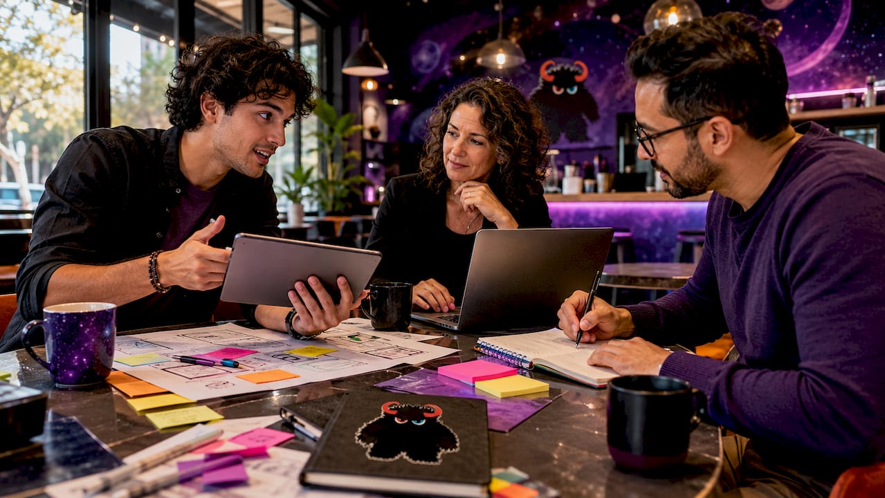 Marketing team brainstorming with AI tools