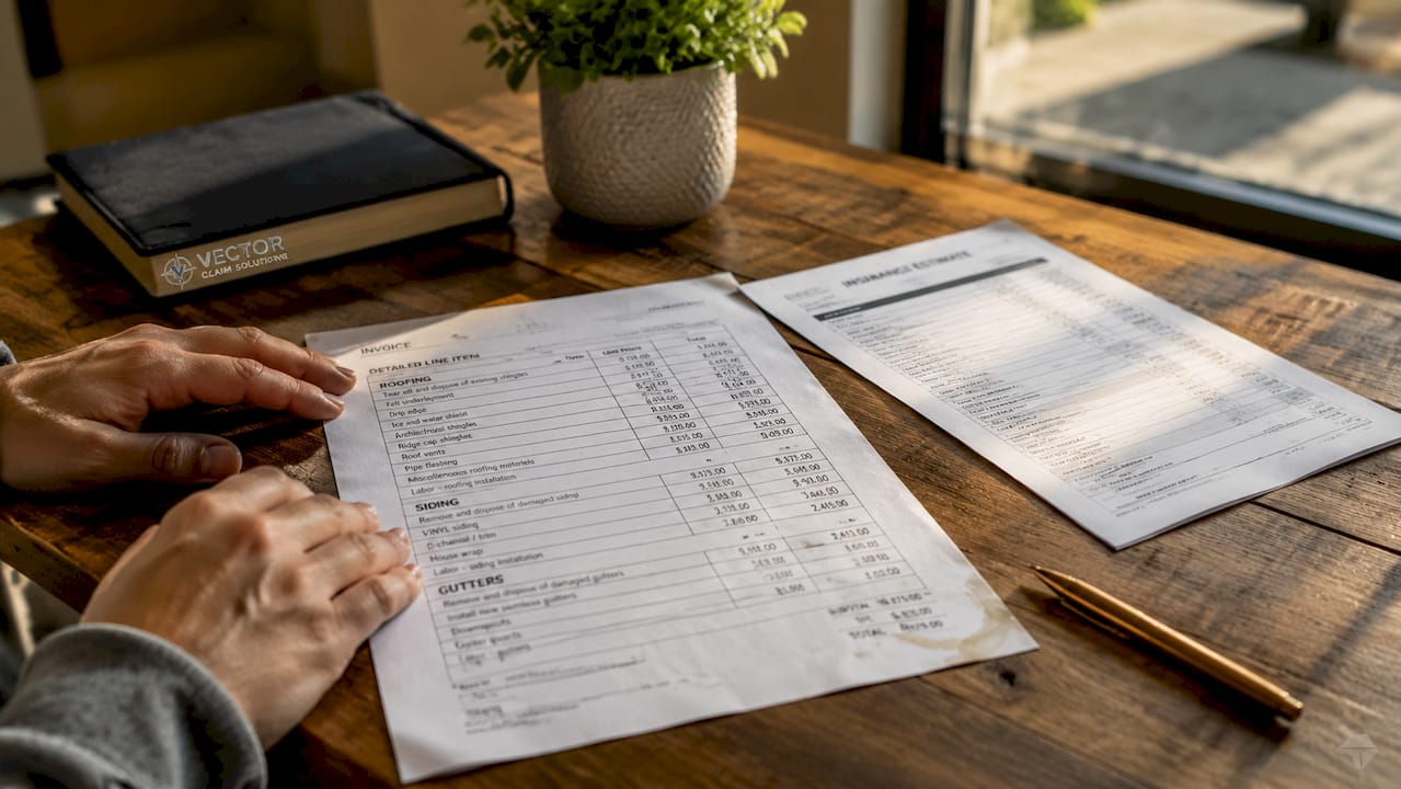 Overhead of insurance documents and invoice on desk