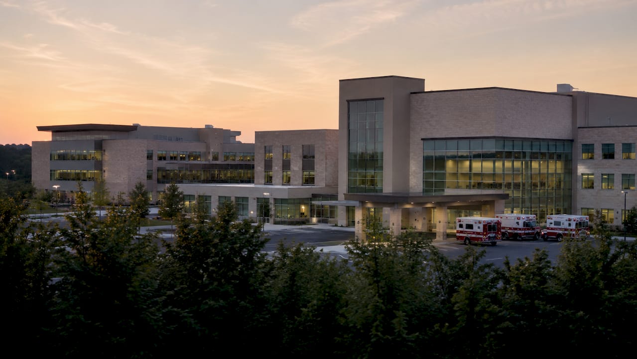 Exterior view of large hospital complex