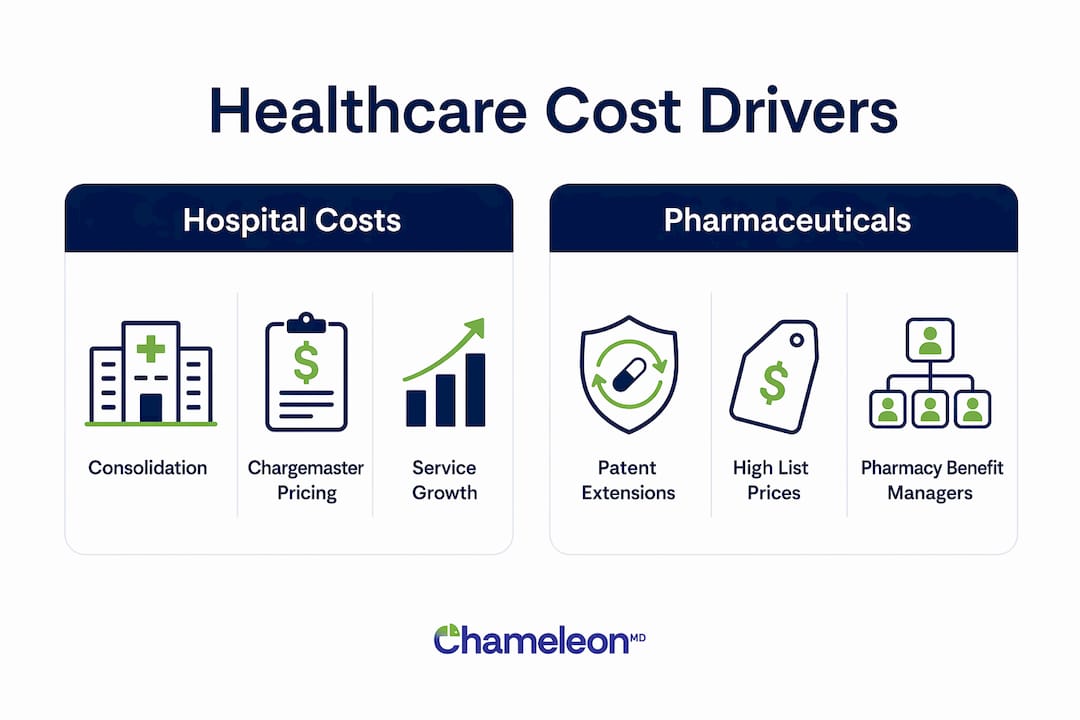 Infographic comparing hospital and pharmaceutical cost drivers