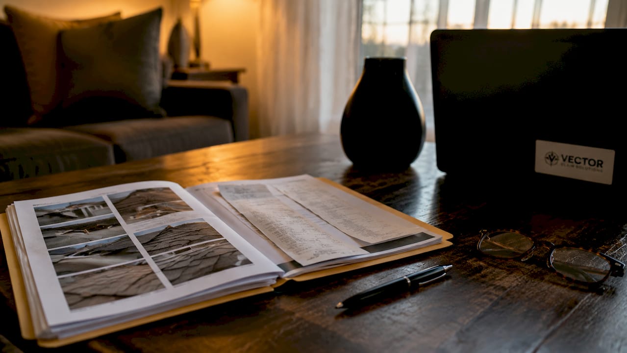 Organized insurance claim documents on home office desk