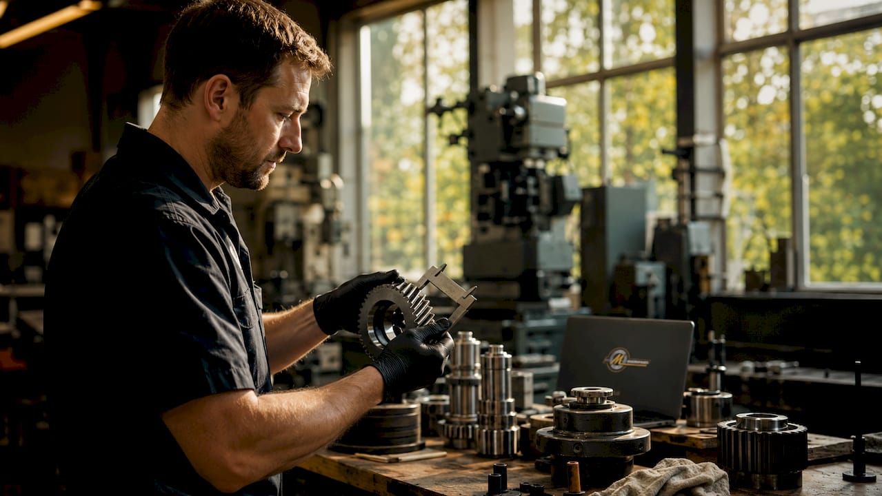 Hands measuring industrial machinery parts in lab