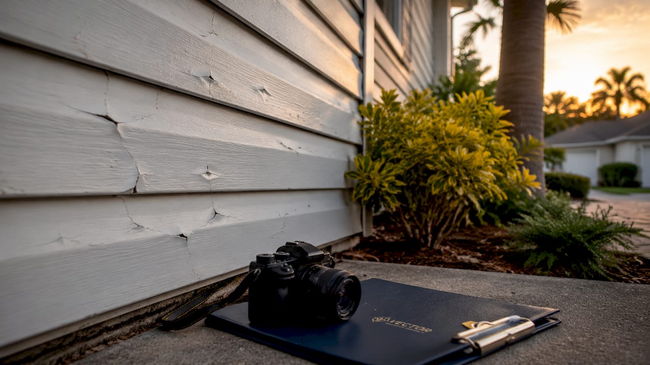 Close-up of damaged vinyl siding and inspection tools
