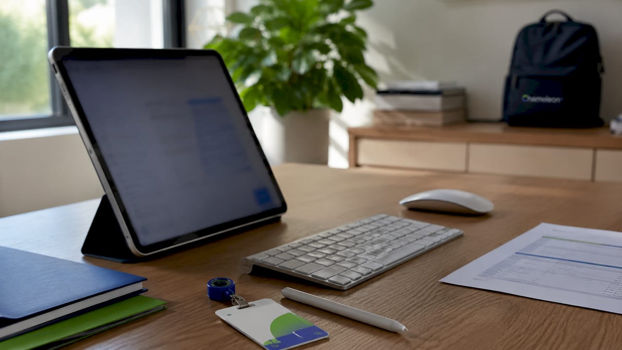 Healthcare IT workstation with tablet and documents