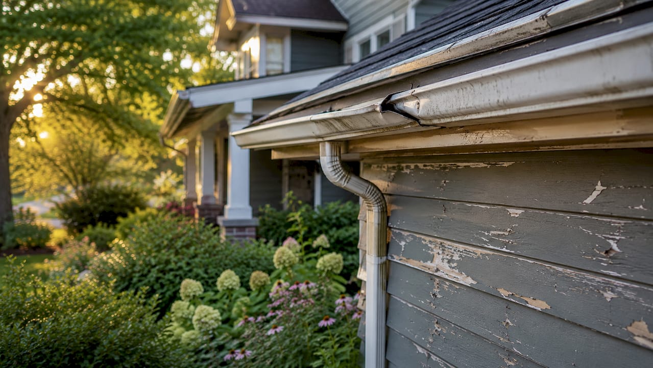 Detailed view of damaged gutter and siding on home exterior