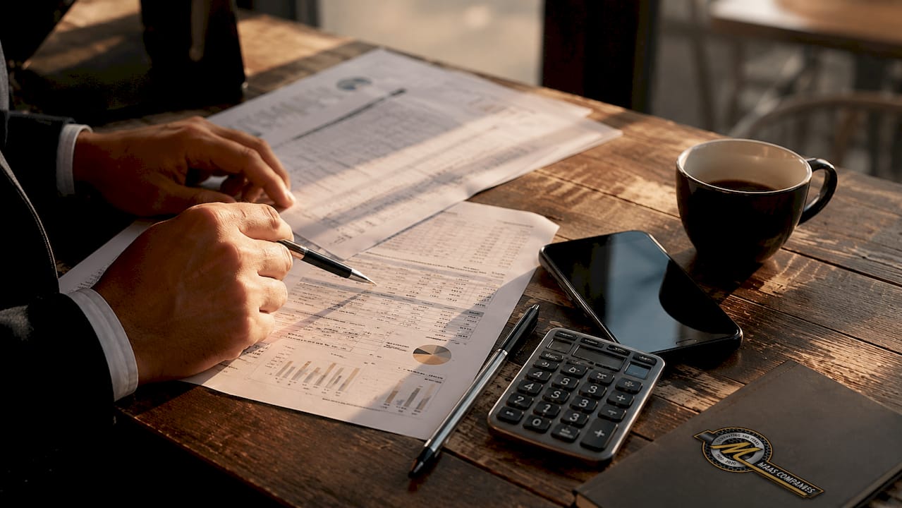 Investor’s hands reviewing industrial real estate financial reports