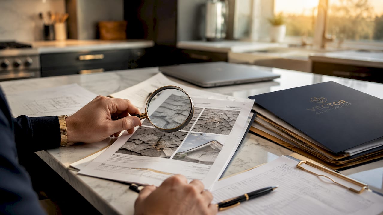 Hands reviewing roofing inspection reports