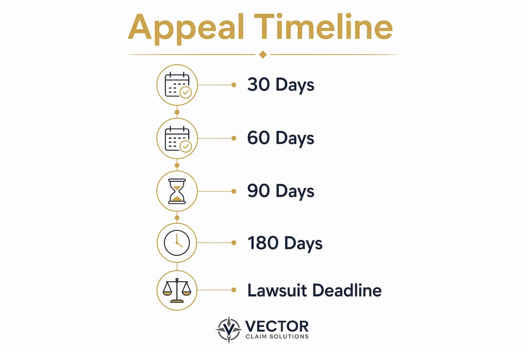 Vertical flow infographic showing insurance claim appeal timeline