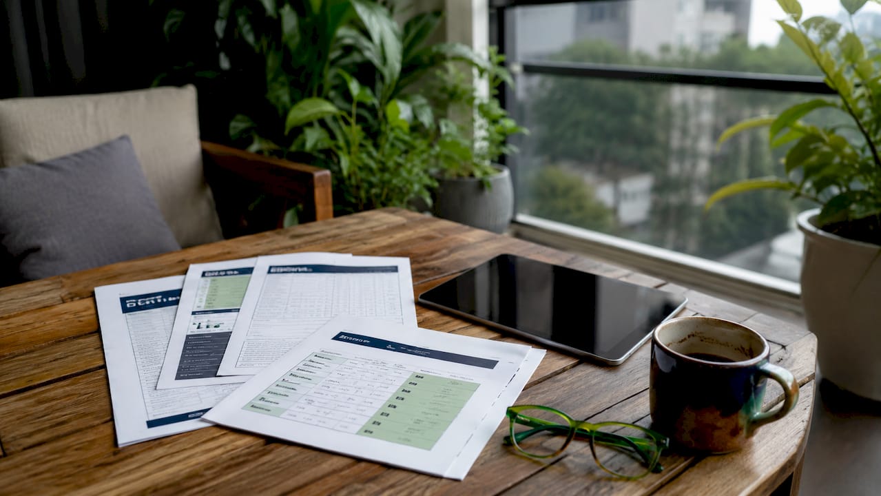 Home desk with telehealth pricing documents and tablet