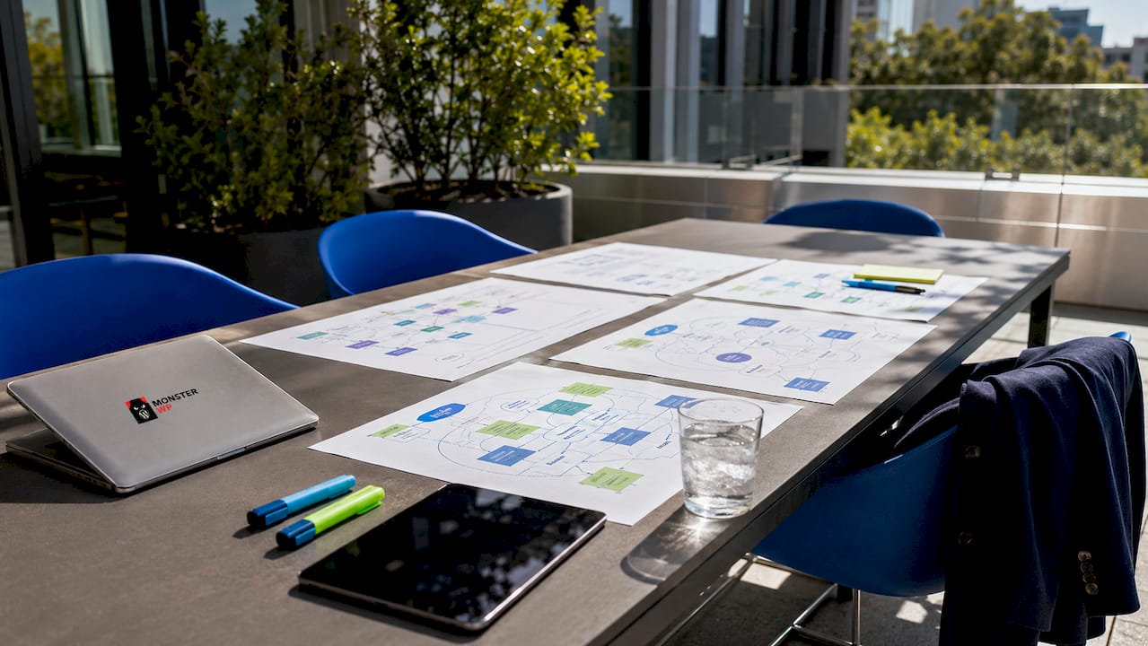 Conference table with content strategy materials overhead