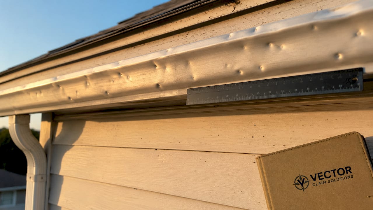 Close-up of dented aluminum gutter with ruler
