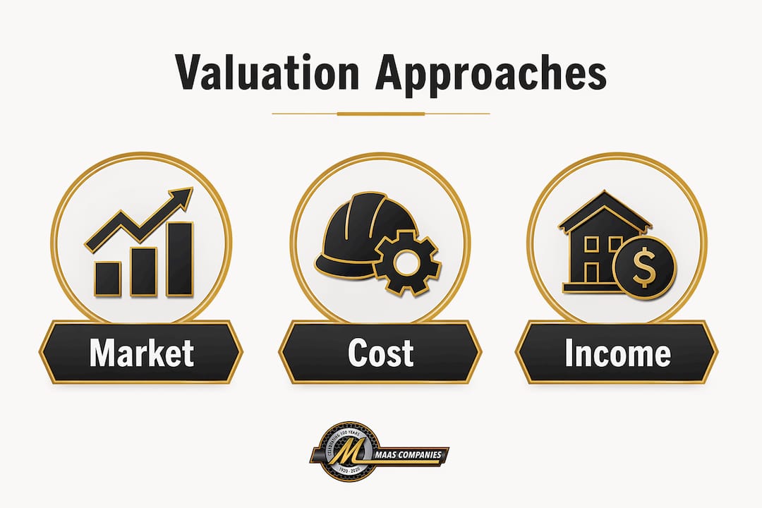 Infographic showing three primary equipment valuation approaches