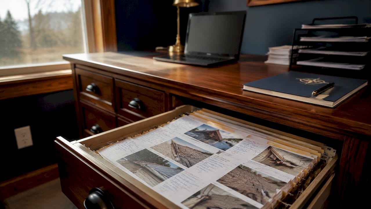 Overhead shot of commercial damage reports in filing drawer