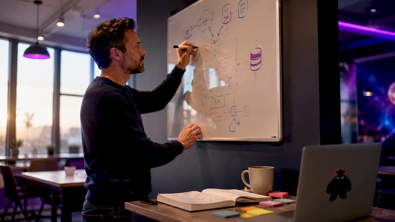 Software architect drawing scalable system architecture
