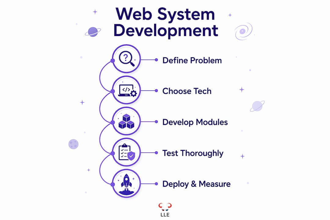 Infographic illustrating step-by-step web system development process