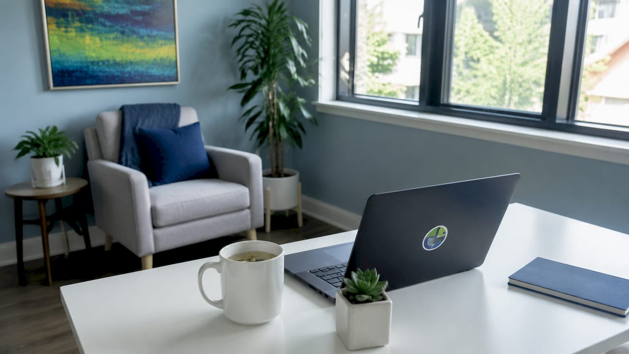 Tablet and planner on desk for telehealth consultation
