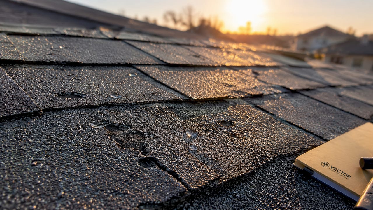Overhead view of roof with various hail damage types