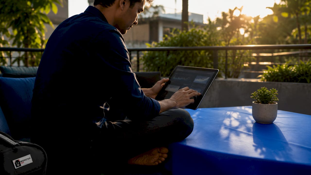 Hands adjusting Google Ads and SEO tools on tablet