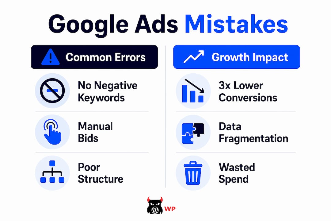 Split infographic showing common Google Ads mistakes and their impacts