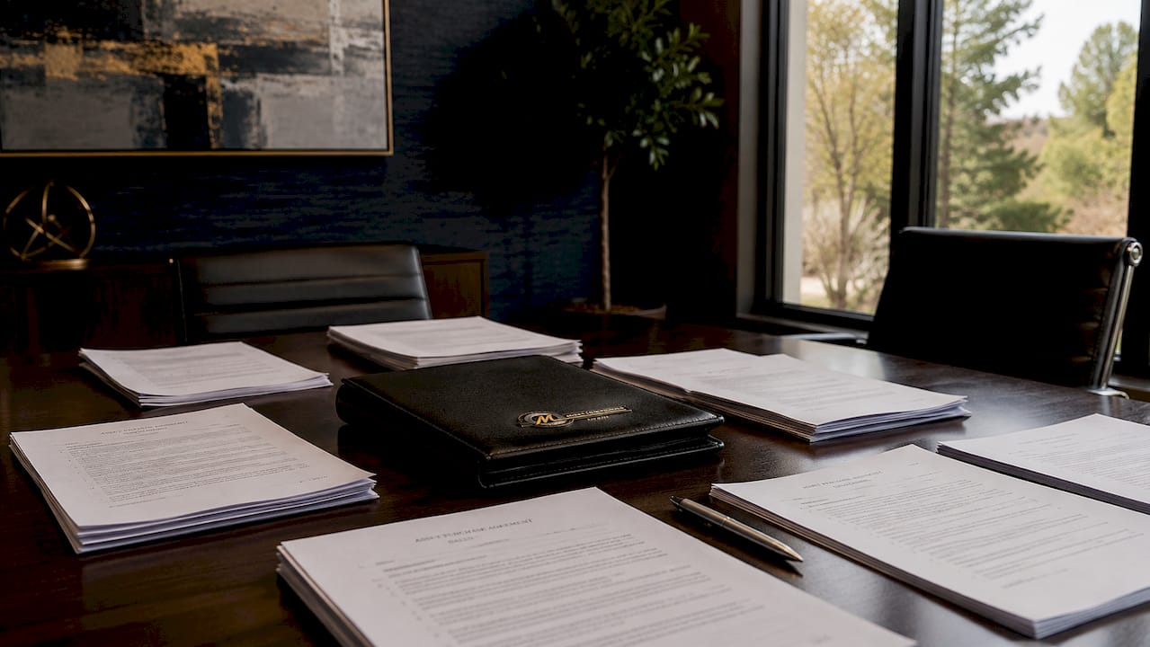 Desk with asset purchase agreement documents and pen