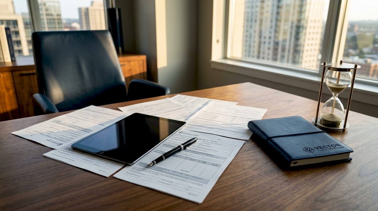 Top-down view of insurance claim documents on desk