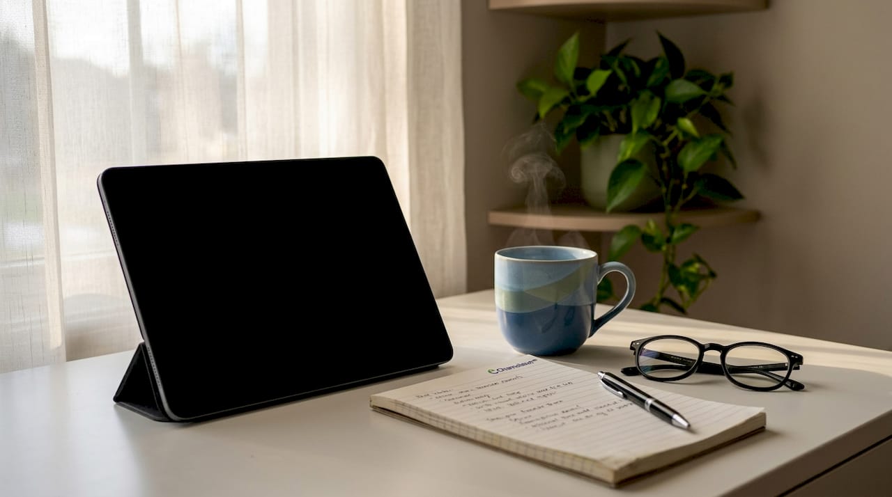 Home desk setup for telehealth session