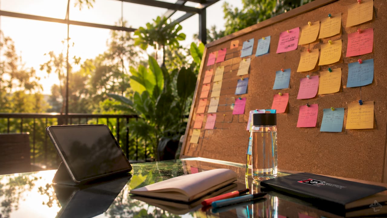 Office whiteboard with clustered sticky notes and workspace